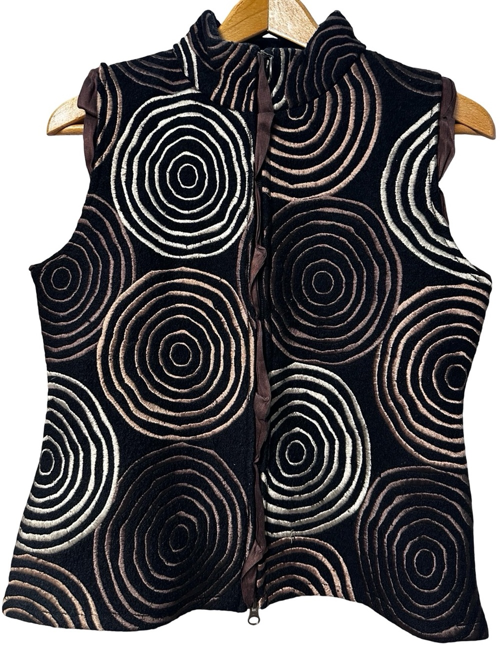 Covelo 100% Wool Vest Small Abstract Circle Spiral Print Zip Front Boho Artsy